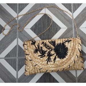 New! Francesca's Straw Black Floral Embroidered Clutch With Gold Chain Strap
